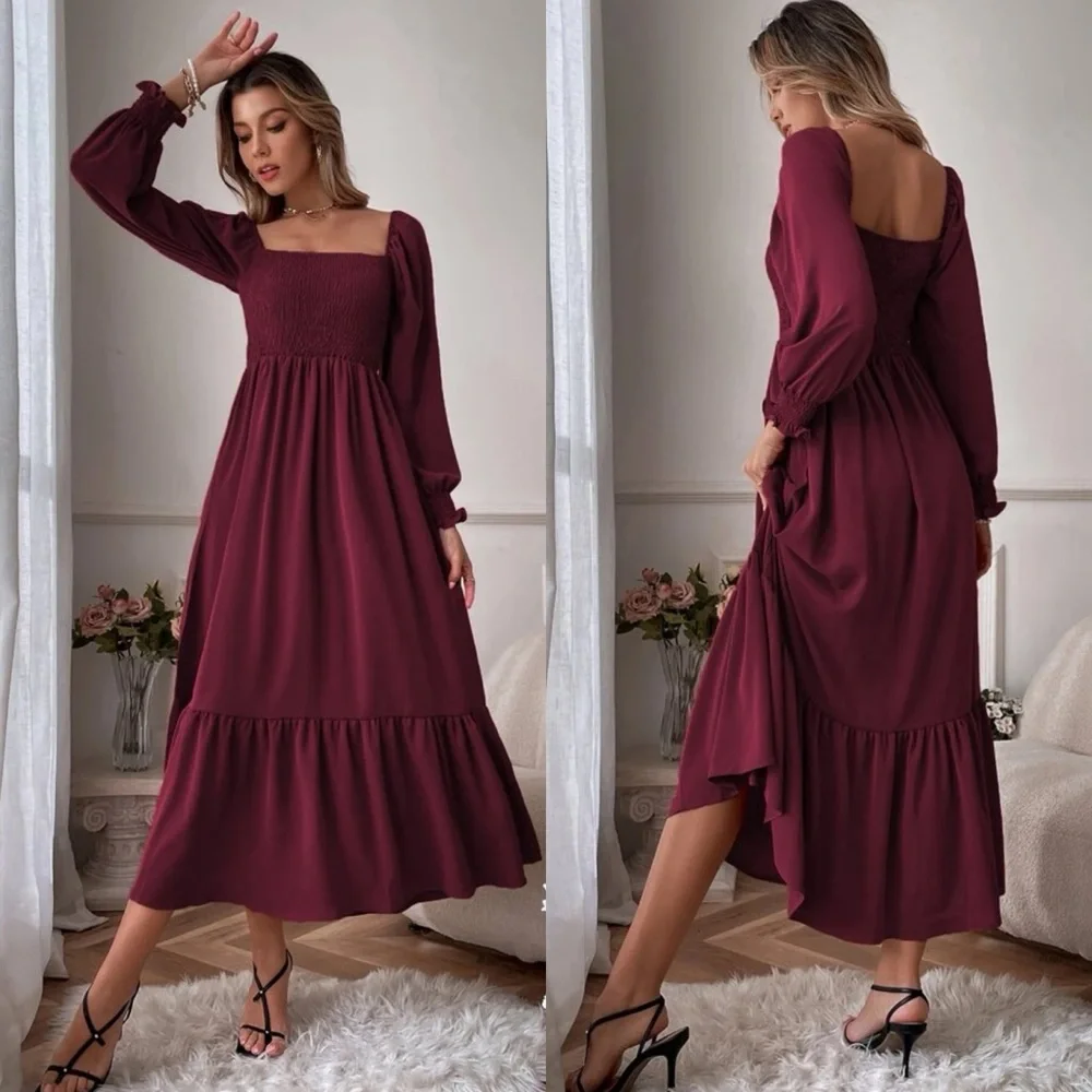 Shirred bust square neck long sleeve ruffle maxi dress boho gypsy neutral cream - Picture 8 of 10